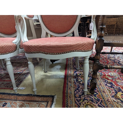 79 - A pair of early 20th century French painted upholstered armchairs, width 59cm, depth 48cm, height 89... 