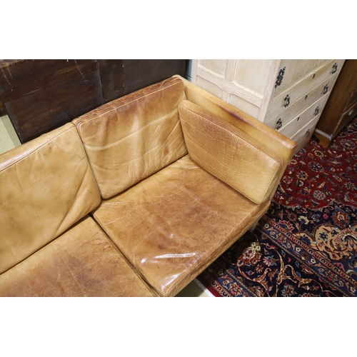 95 - A Danish Borge Mogensen style tan leather three seater sofa, length 218cm, depth 78cm, height 66cm... 