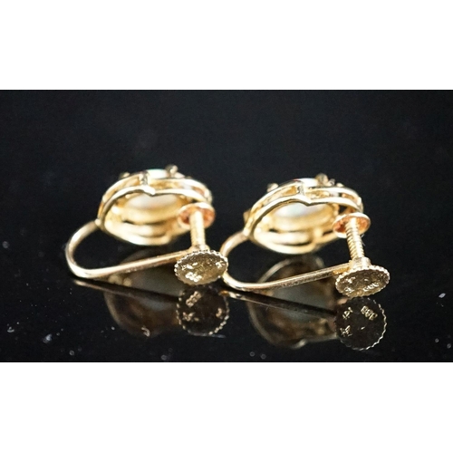 969 - A modern pair of 585 yellow metal and oval white opal set ear clips, 12mm, gross weight 3.2 grams.... 