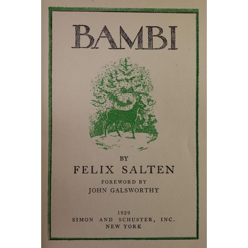 259 - °  Salten, Felix - Bambi, 8vo, original green cloth, Simon and Schuster, New York, 1929; Raspe, Rudo... 