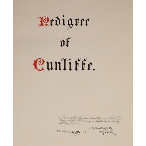 286 - °  [Genealogy.]  Scott-Gatty, Sir Alfred Scott. (A Manuscript) Pedigree of Cunliffe. Folio, 1910.Ful... 