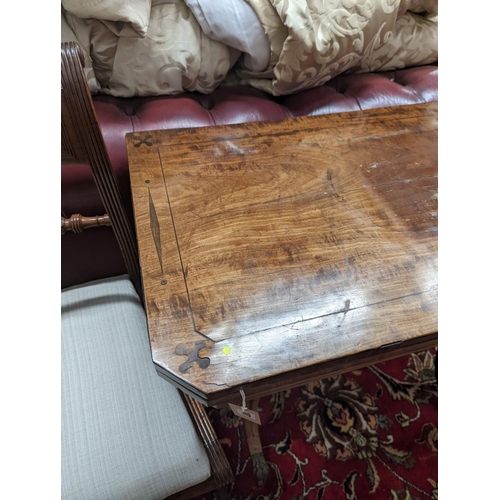 107 - A Regency rectangular inlaid mahogany folding card table, width 91cm, depth 44cm, height 75cm... 