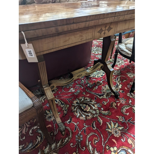 107 - A Regency rectangular inlaid mahogany folding card table, width 91cm, depth 44cm, height 75cm... 