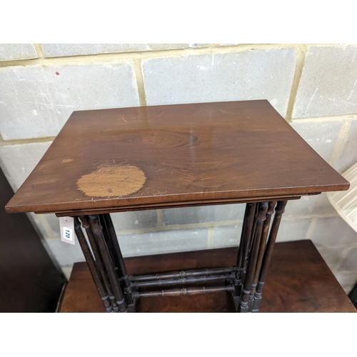 120 - A nest of three Edwardian rectangular mahogany tea tables, width 52cm, depth 38cm, height 71cm... 