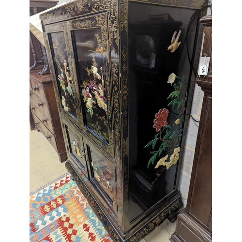 123 - A Chinese hardstone mounted black lacquered four door side cabinet, width 92cm, depth 51cm, height 1... 