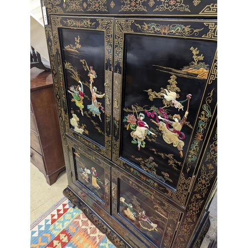 123 - A Chinese hardstone mounted black lacquered four door side cabinet, width 92cm, depth 51cm, height 1... 