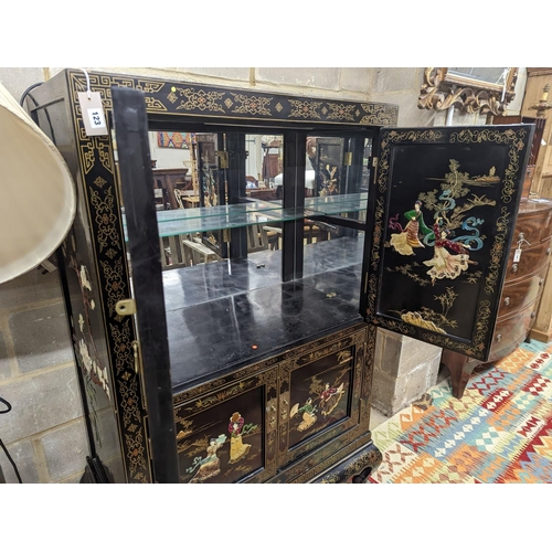 123 - A Chinese hardstone mounted black lacquered four door side cabinet, width 92cm, depth 51cm, height 1... 