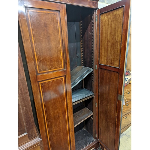 137 - A Edwardian satinwood banded mahogany two door bookcase, width 83cm, depth 31cm, height 198cm... 