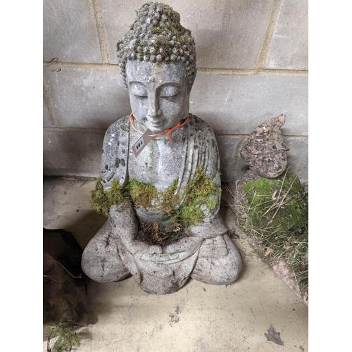 144 - A reconstituted stone seated Buddha bird bath, height 64cm