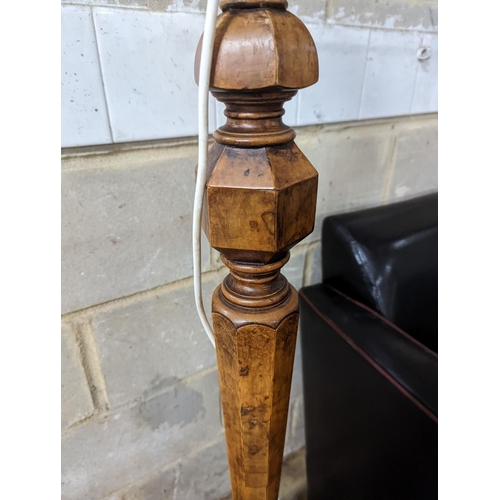 148 - A 1920's Italian style burr walnut veneered tripod standard lamp, height 145cm