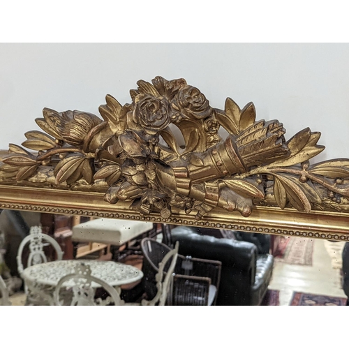 159 - A 19th century French carved giltwood overmantel mirror, width 100cm, height 150cm