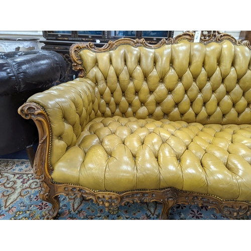 176 - A Louis XVI design settee upholstered in buttoned olive leather, length 190cm, depth 70cm, height 99... 