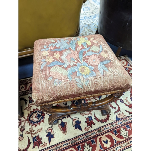 180 - An early Victorian mahogany X frame dressing stool, length 46cm, depth 45cm, height 42cm... 