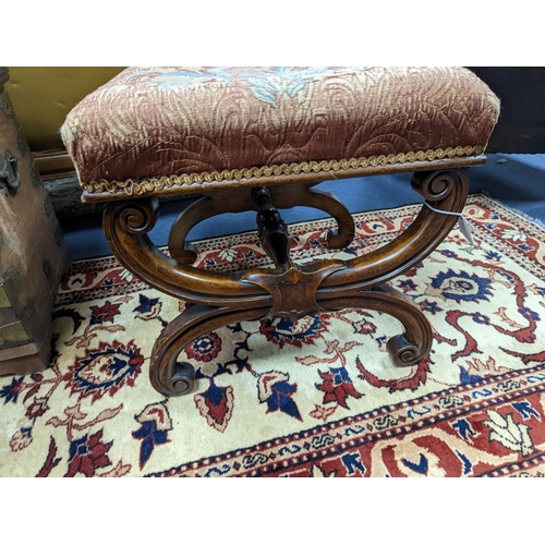 180 - An early Victorian mahogany X frame dressing stool, length 46cm, depth 45cm, height 42cm... 