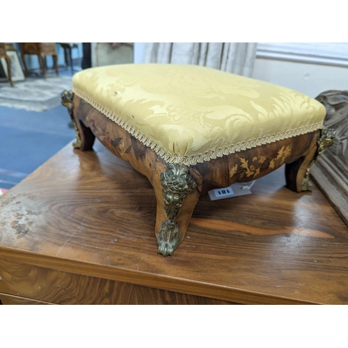 181 - A 19th century gilt metal mounted marquetry inlaid rectangular walnut footstool, width 38cm, depth 3... 