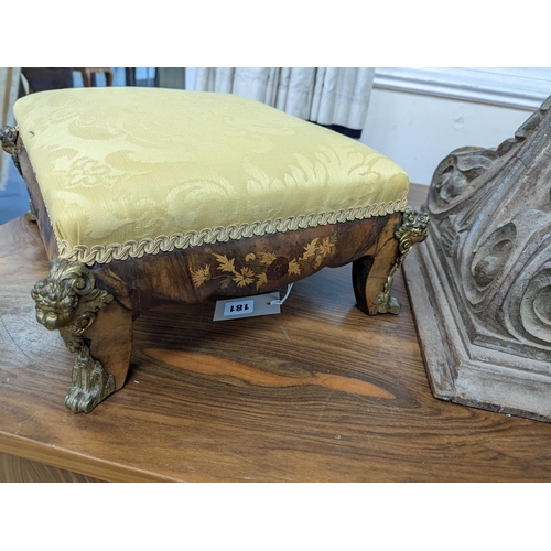 181 - A 19th century gilt metal mounted marquetry inlaid rectangular walnut footstool, width 38cm, depth 3... 