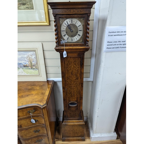 186 - A William and Mary style seaweed marquetry inlaid walnut grandmother clock, height 166cm... 