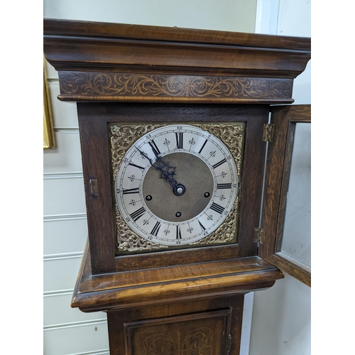 186 - A William and Mary style seaweed marquetry inlaid walnut grandmother clock, height 166cm... 