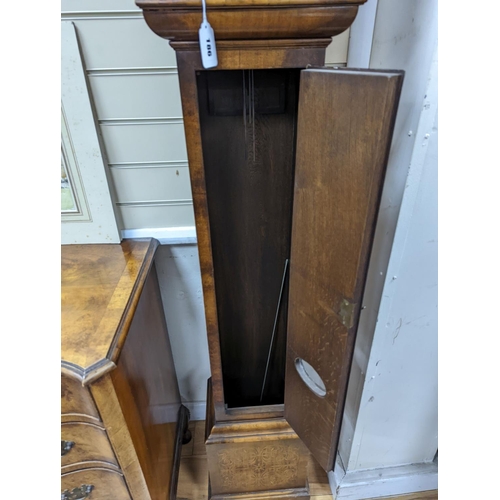 186 - A William and Mary style seaweed marquetry inlaid walnut grandmother clock, height 166cm... 