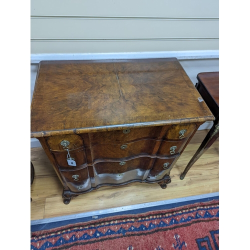 190 - An early 20th century Queen Anne revival banded walnut shaped front chest, width 77cm, depth 46cm, h... 