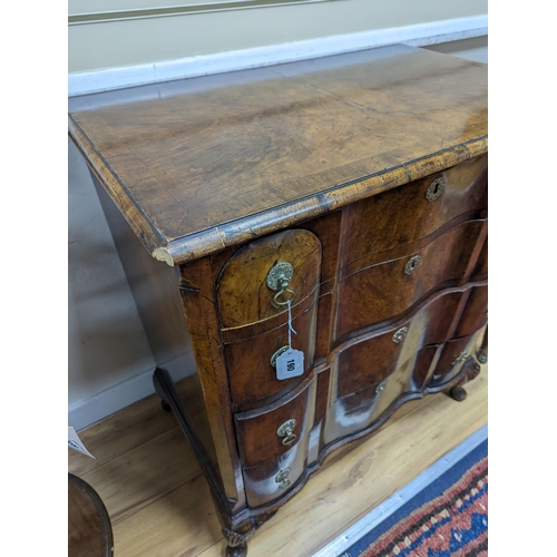 190 - An early 20th century Queen Anne revival banded walnut shaped front chest, width 77cm, depth 46cm, h... 