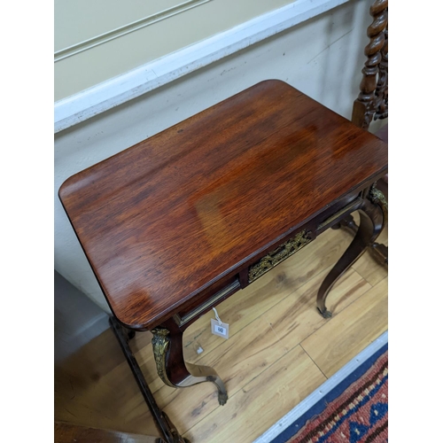 191 - An early 20th century French rectangular gilt metal mounted mahogany small centre table with later t... 