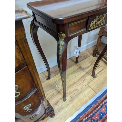 191 - An early 20th century French rectangular gilt metal mounted mahogany small centre table with later t... 