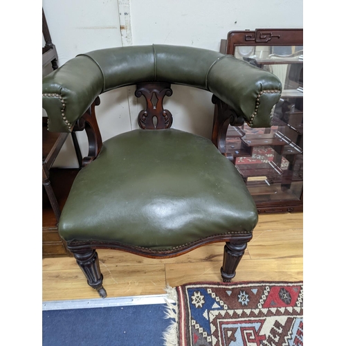 195 - A Victorian mahogany tub framed chair upholstered in green leather, width 60cm, depth 58cm, height 6... 