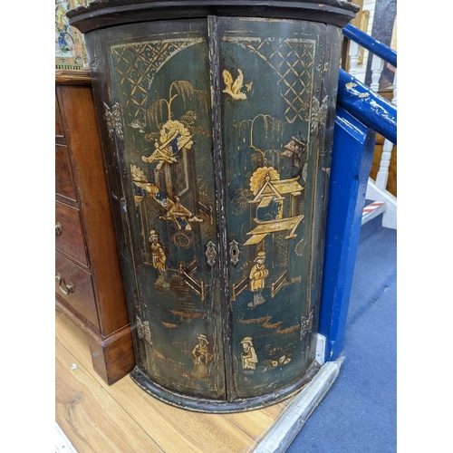 199 - An 18th century Japanned lacquer bow front hanging corner cabinet, width 58cm, depth 39cm, height 92... 