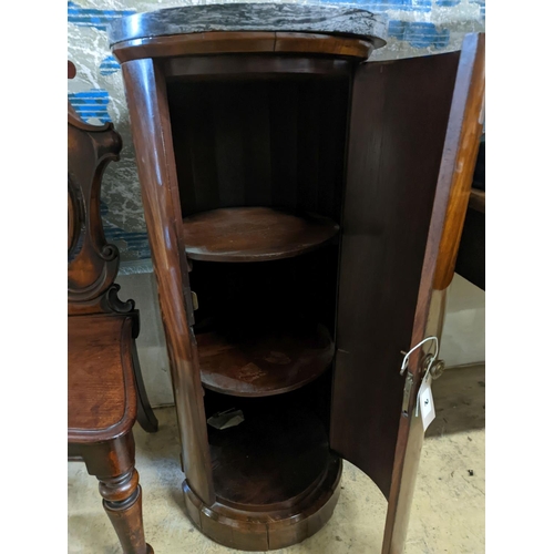 2 - A Victorian mahogany marble topped cylindrical pot cupboard, diameter 40cm, height 92cm