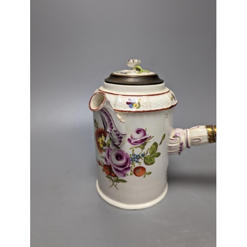 254 - A Ludwigsburg chocolate pot, late 18th century, 18cm, associated ormolu mounted cover