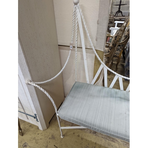 26 - A wrought iron 'rope twist' seat with squab cushion, length 140cm, depth 54cm, height 132cm... 