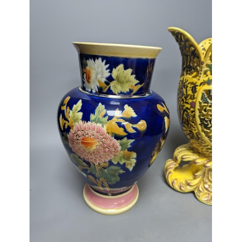 272 - A Varoslod yellow-glazed ewer and a Zsolnay vase 37cm