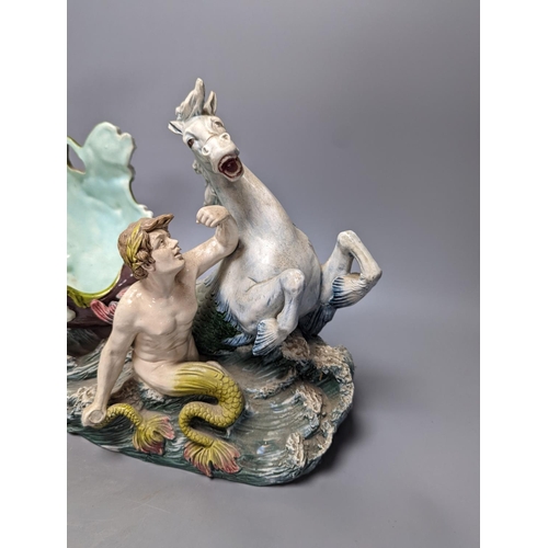 279 - An Austrian or German majolica Triton and nymph figural centrepiece bowl, 39cm tall