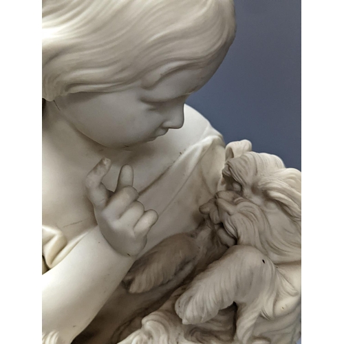 296 - A Copeland Parian group Girl with dog entitled 'Go to sleep' 45cm