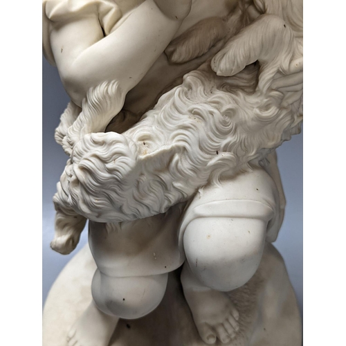 296 - A Copeland Parian group Girl with dog entitled 'Go to sleep' 45cm