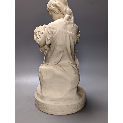 296 - A Copeland Parian group Girl with dog entitled 'Go to sleep' 45cm