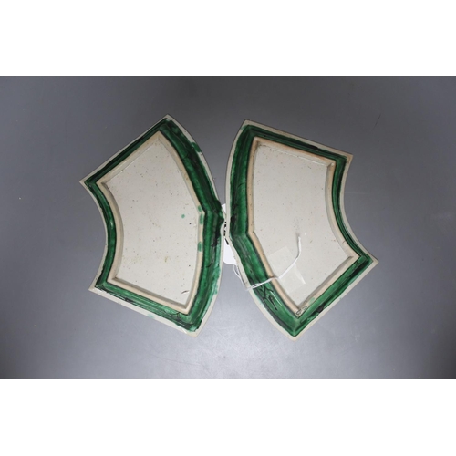 315 - A pair of Chinese famille verte biscuit fan-shaped sweetmeat dishes, Kangxi, 20 cms wide.... 