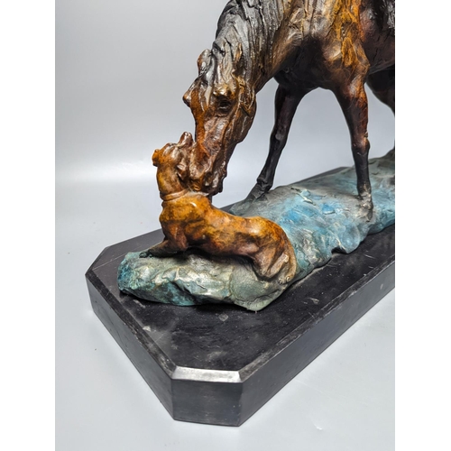 319 - A contemporary cold-painted metal horse on marble base 43cm