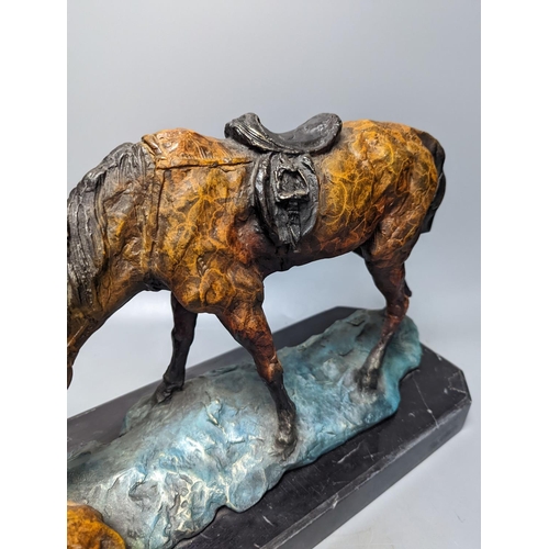 319 - A contemporary cold-painted metal horse on marble base 43cm