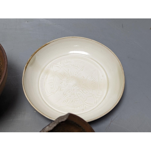 320 - Two Chinese hare’s fur bowls and a Qingbai style dish, 13cm