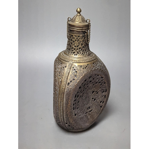 322 - A Persian pierced brass cased glass dimple bottle 23cm