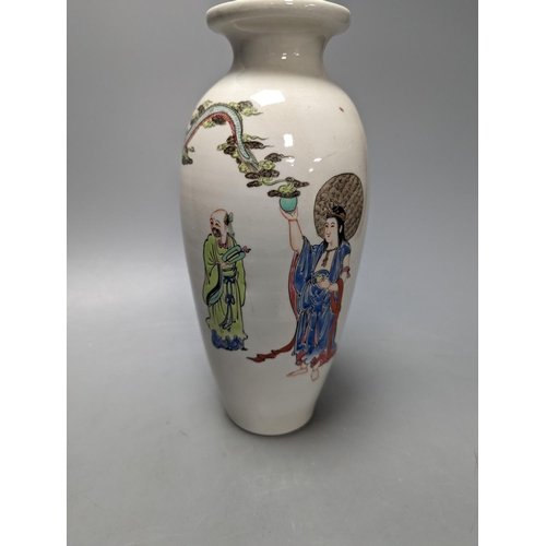 326 - An unusual Worcester polychrome enamelled vase, c.1755-60, of unusual shape, finely painted with a C... 