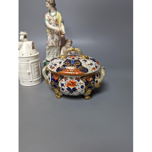 328 - Two Chelsea Derby figure groups, three Derby Japan-pattern items to include an ice pail and two sucr... 