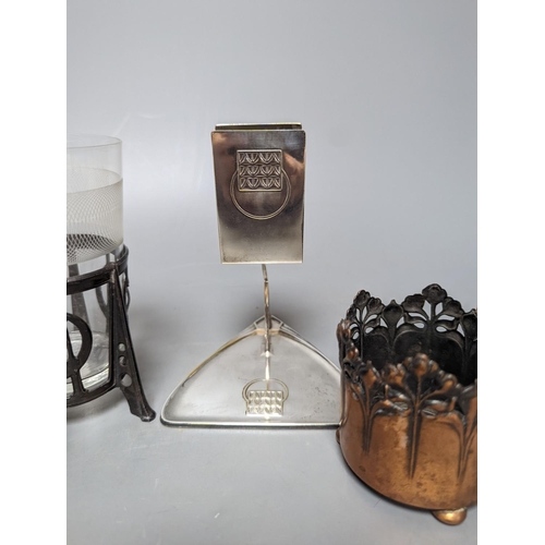 333 - A pair of early WMF copper cup holders, pewter cup holder and a WMF matchbox holder