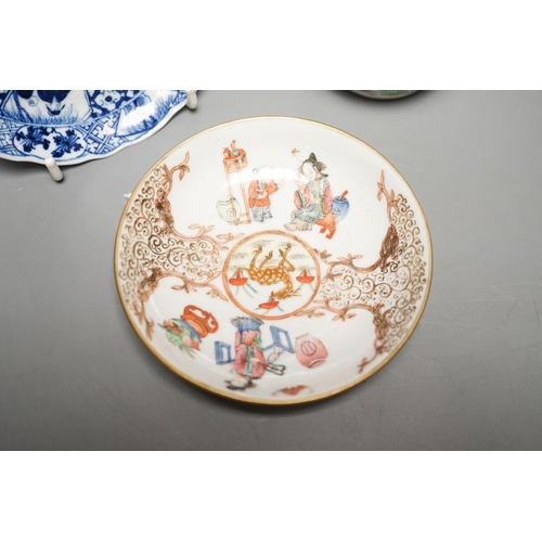 340 - Two Chinese porcelain saucers, and a Chinese enamelled porcelain vase, 12.5cm., 18th century and lat... 