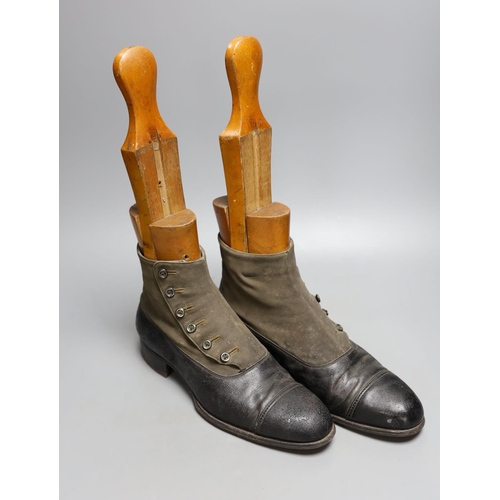 379 - A pair of 19th century buttoned boots, a pair of spats, a red silk jockey's cap, a pair of spurs and... 