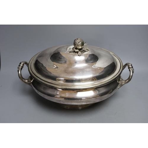 380 - A plated oval two handled soup tureen and cover and a plated coffee pot, tureen, 39 cms wide.... 