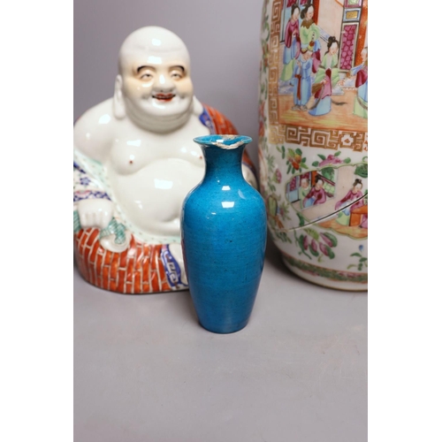 382 - A Chinese famille rose vase, a figure of Budai, a turquoise glaze vase etc, vase 45 cms high.... 