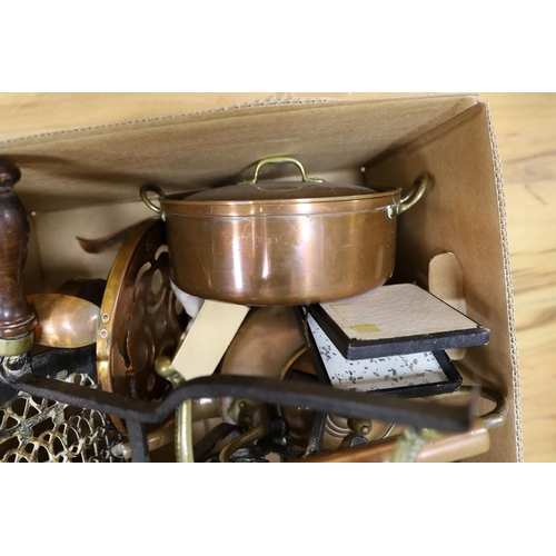 385 - Two boxes of brass and copper ware, and a copper lustre jug